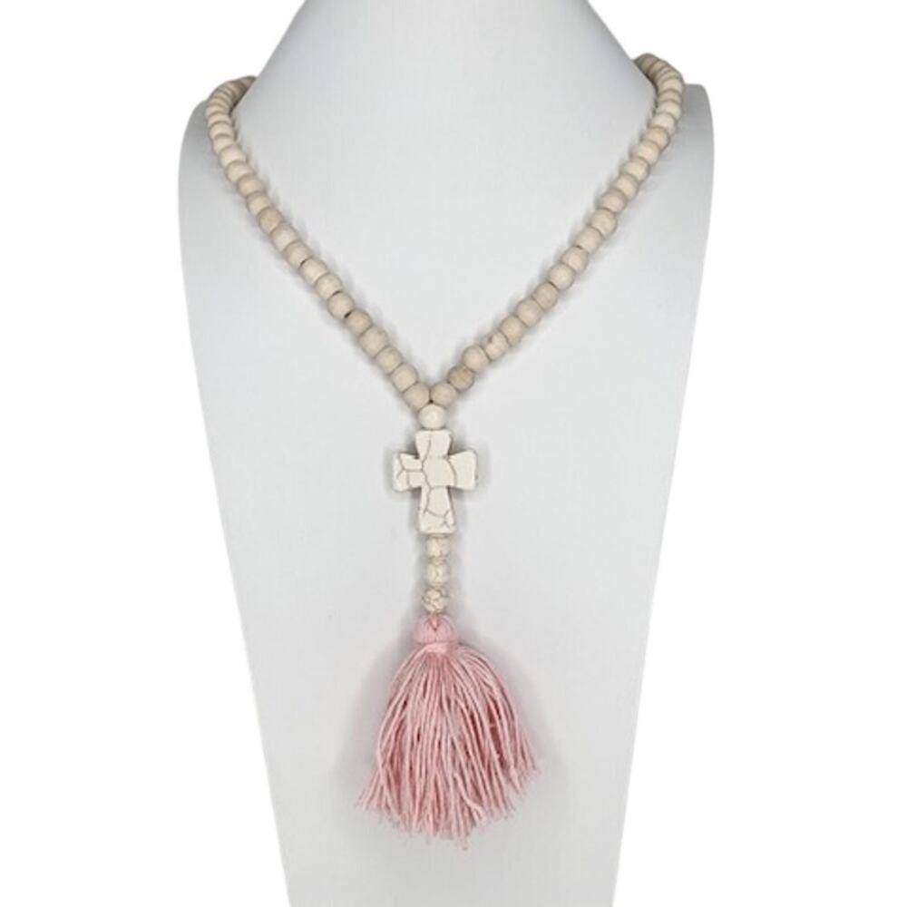 511. Unknown. Wood Bead Cross Tassel Necklace Pink White
